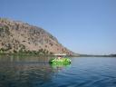 001. Apple-green catamaran on Lake Kournas - (Η λίμνη Κουρνά). This is a unique freshwater lake on Crete Island witch will astonish you with its different hues of water and varieties of flora and fauna. Where else could you find a lake where you could enjoy sweet wild grapes while sailing up to its shore on your catamaran, to see turtles and playing of golden fish?