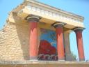 066. Charging bull fresco - The West Bastion. You can see a magnificent portico with painted bar relief of bull-catching scene at Knossos (Κνωσσός)