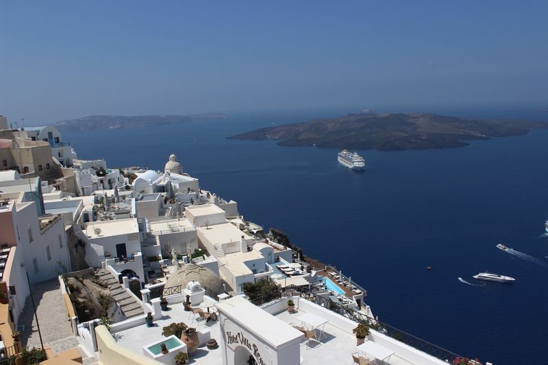 Gorgeous view of the volcano (Nea Kameni island). Firá (Φηρά), Santorini